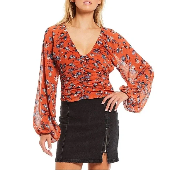 NWOT Free People New Final Rose Long Sleeve Blouse - Rust Combo XS - Picture 1 of 12